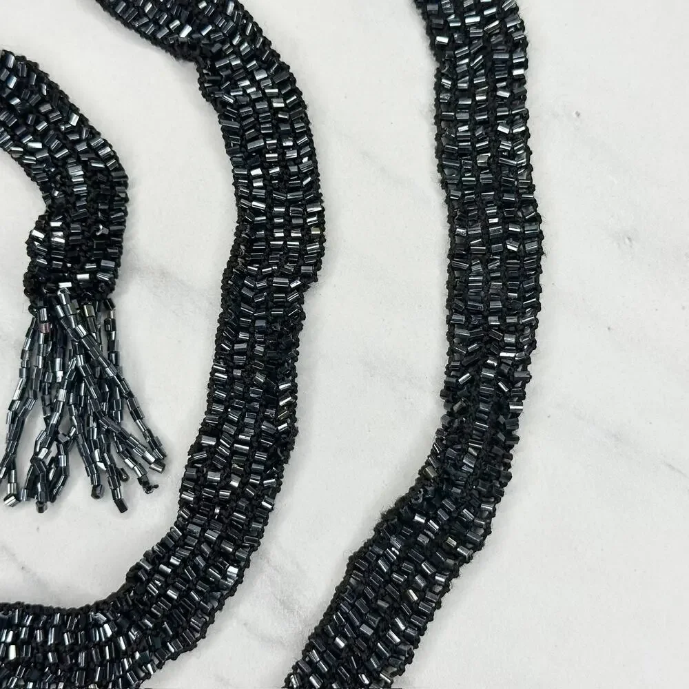 Black Beaded Tie Belt Fringe Tassel OS ✨